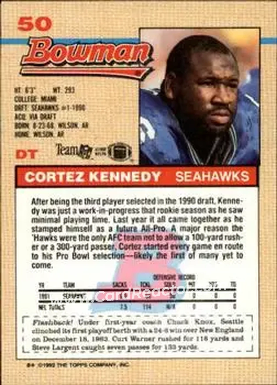 1992 Bowman #50 - Cortez Kennedy - Seattle Seahawks - Back 1992 Bowman #50 - Cortez Kennedy - Seattle Seahawks - Back