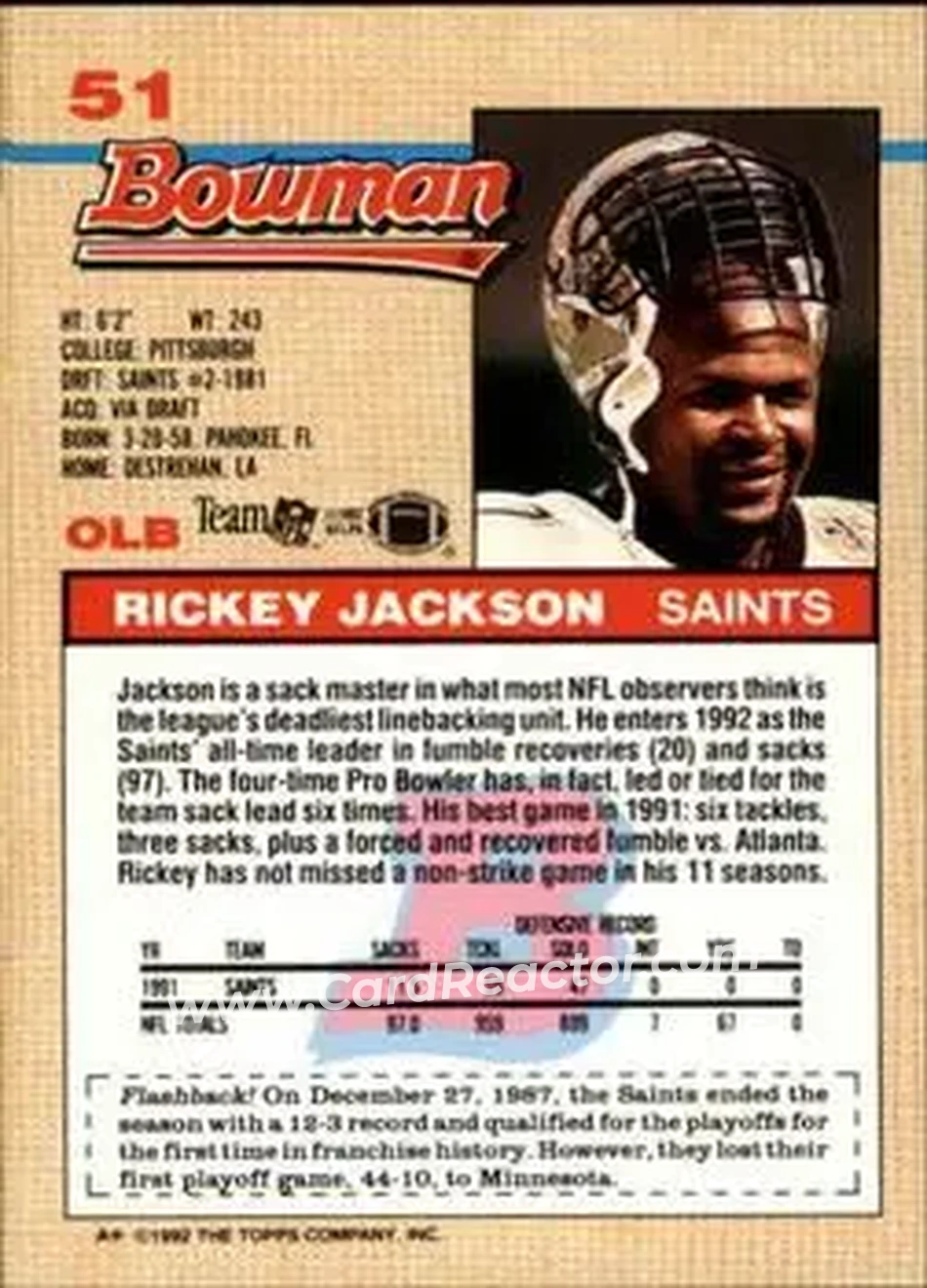 1992 Bowman #51 - Rickey Jackson - New Orleans Saints - Back