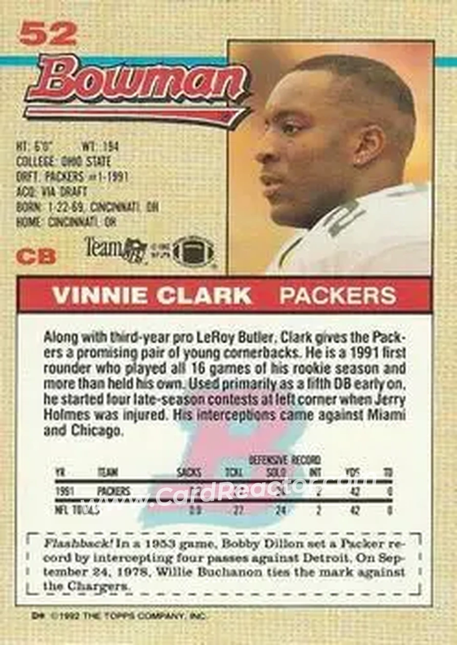 1992 Bowman #52 - Vinnie Clark - Green Bay Packers - Back