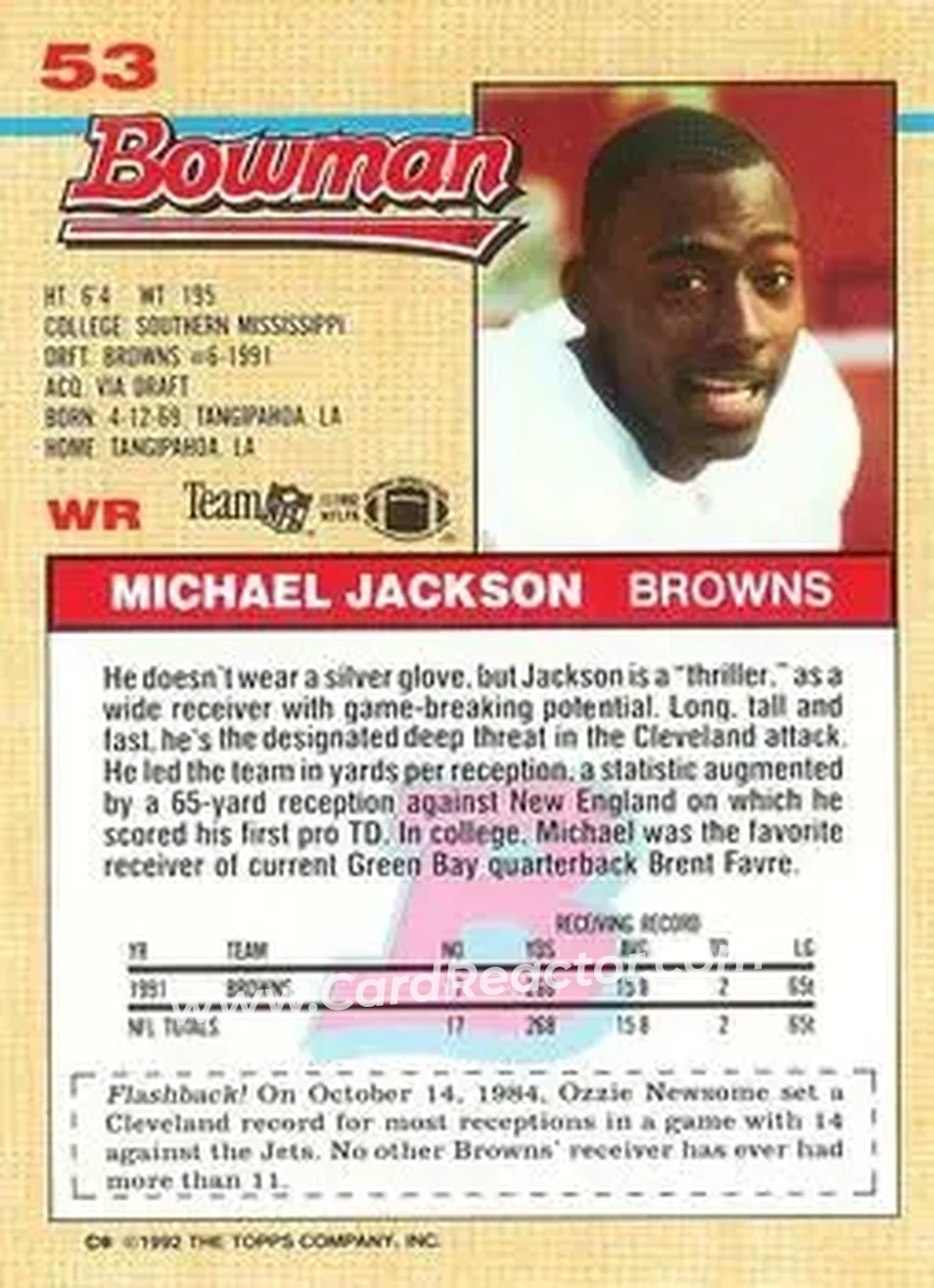 1992 Bowman #53 - Michael Jackson - Cleveland Browns - Back