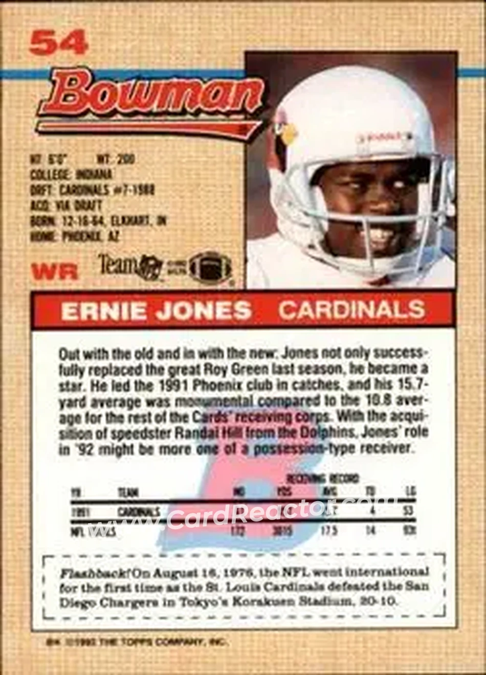 1992 Bowman #54 - Ernie Jones - Phoenix Cardinals - Back 1992 Bowman #54 - Ernie Jones - Phoenix Cardinals - Back