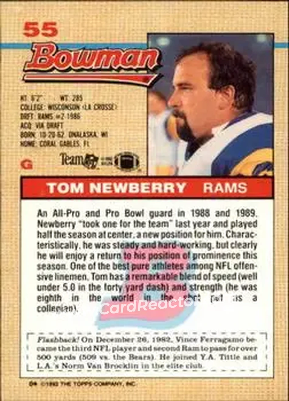 1992 Bowman #55 - Tom Newberry - Los Angeles Rams - Back 1992 Bowman #55 - Tom Newberry - Los Angeles Rams - Back