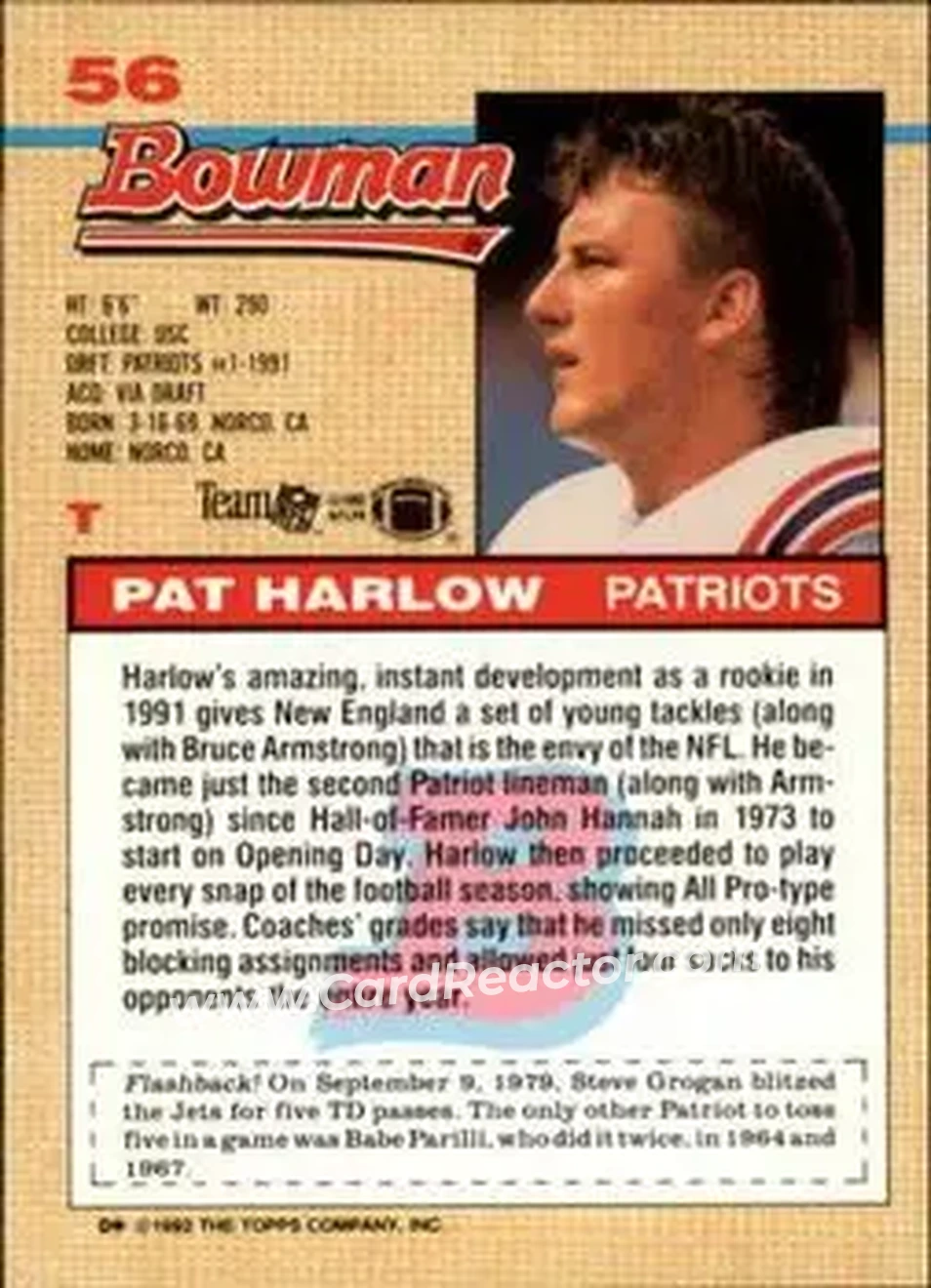 1992 Bowman #56 - Pat Harlow - New England Patriots - Back
