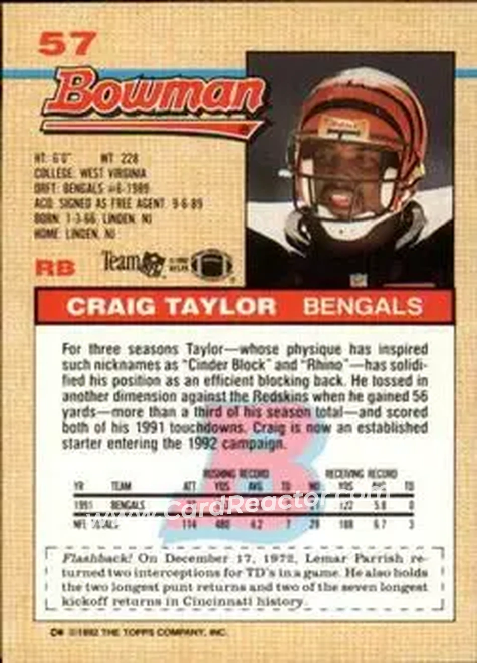 1992 Bowman #57 - Craig Taylor - Cincinnati Bengals - Back