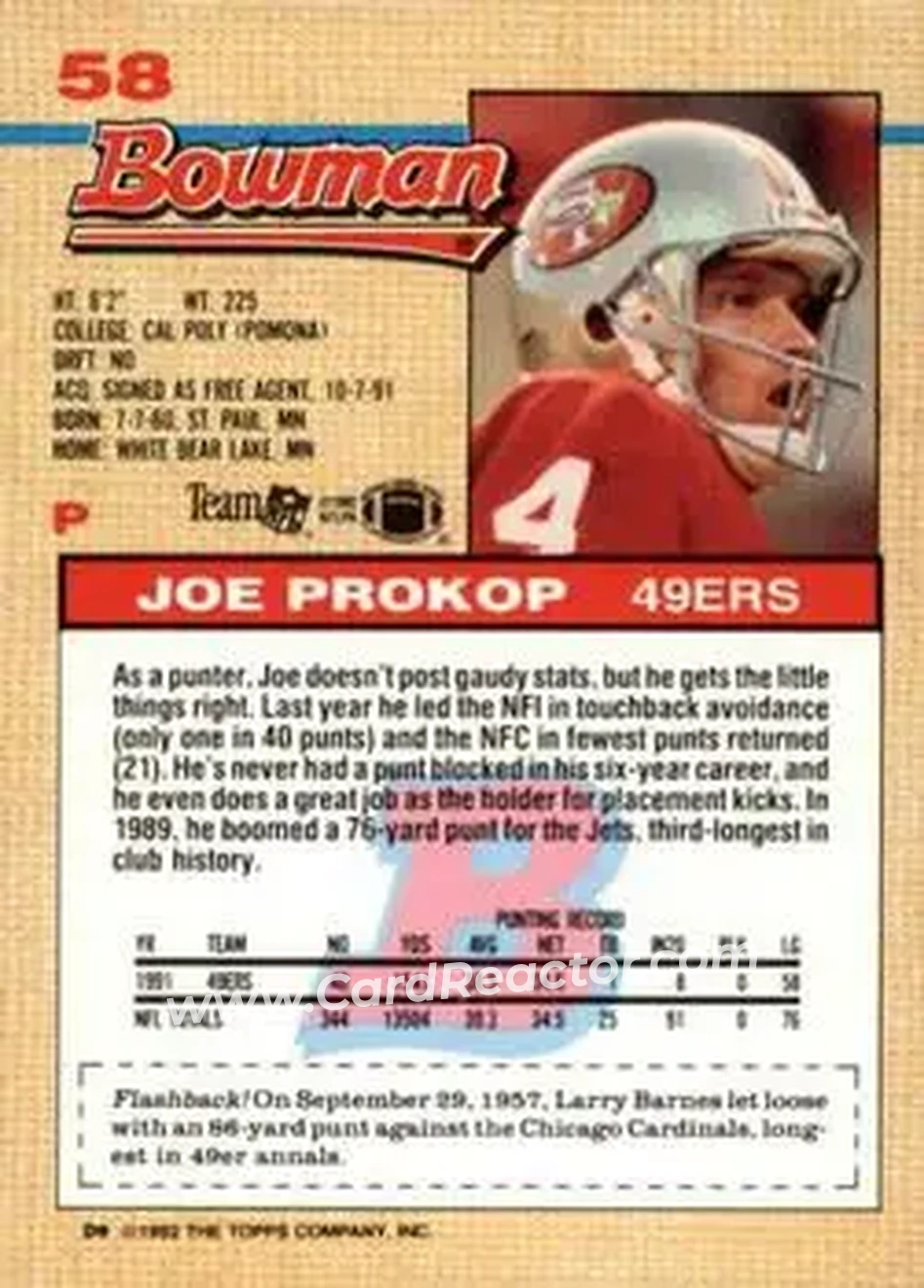 1992 Bowman #58 - Joe Prokop - San Francisco 49ers - Back