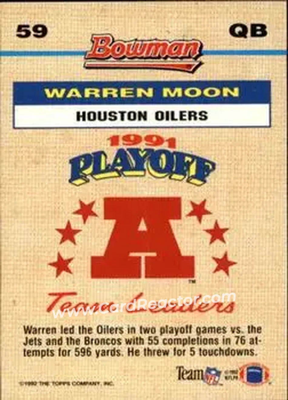 1992 Bowman #59 - Warren Moon - Houston Oilers - Back