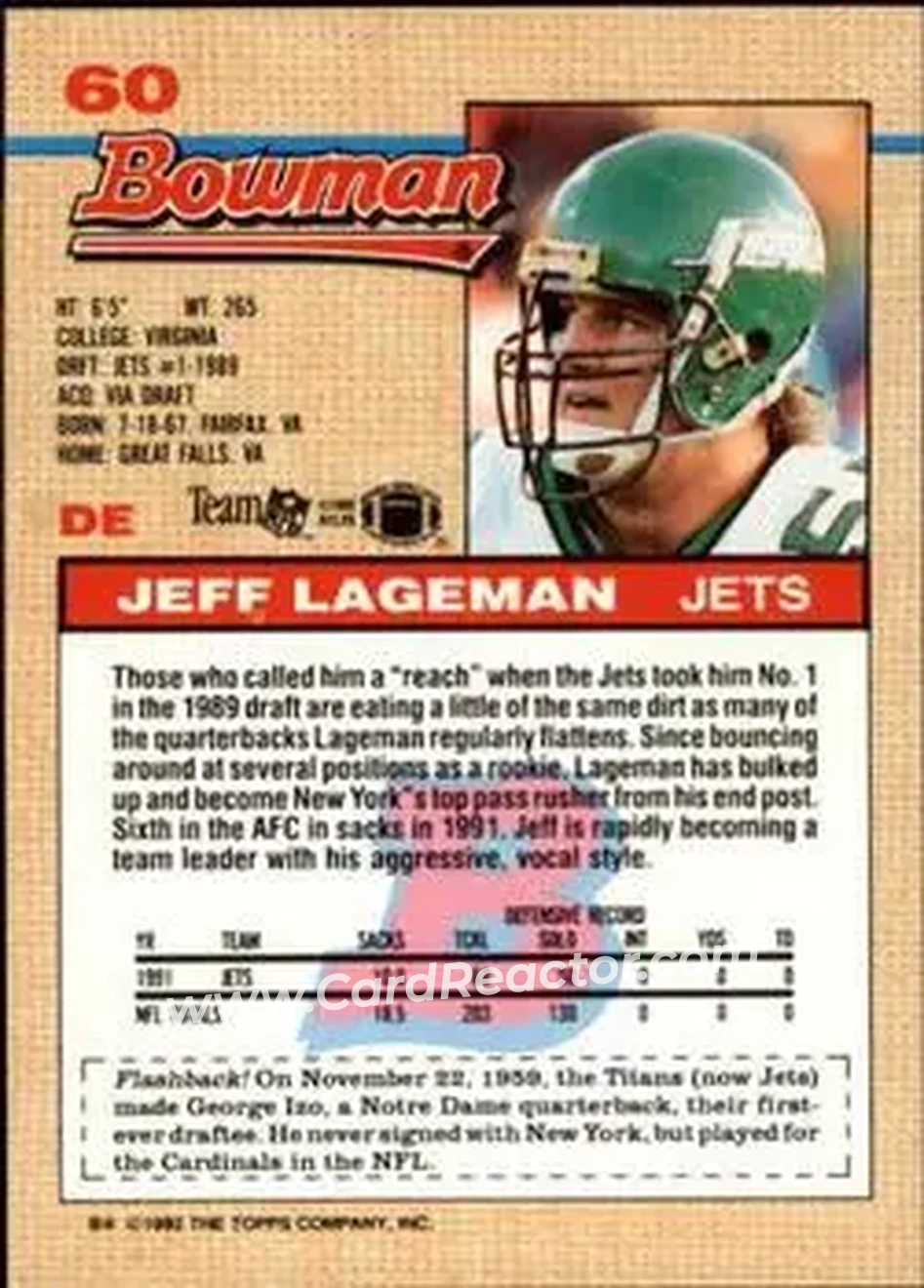 1992 Bowman #60 - Jeff Lageman - New York Jets - Back