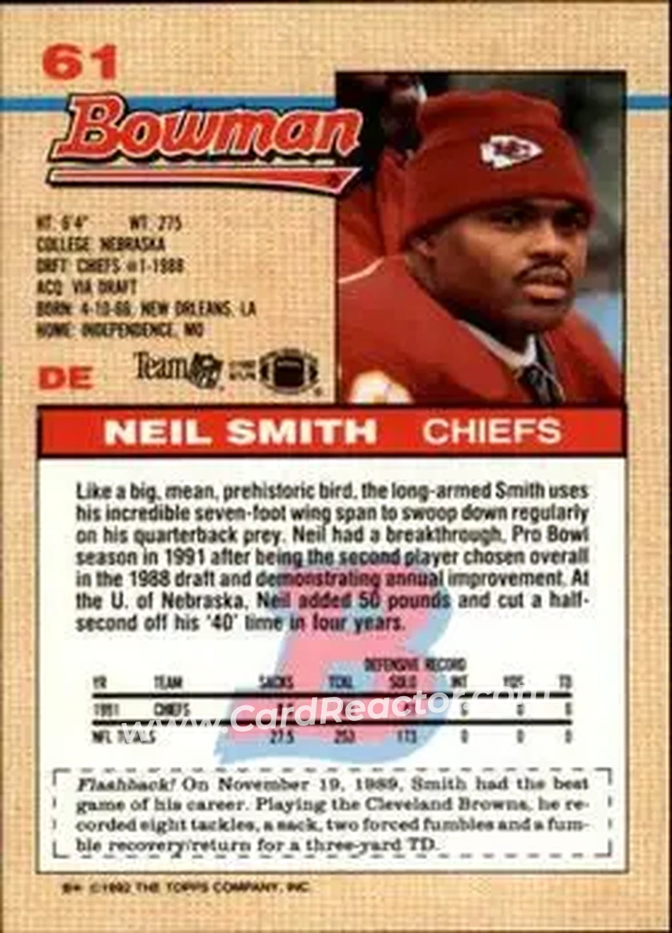 1992 Bowman #61 - Neil Smith - Kansas City Chiefs - Back