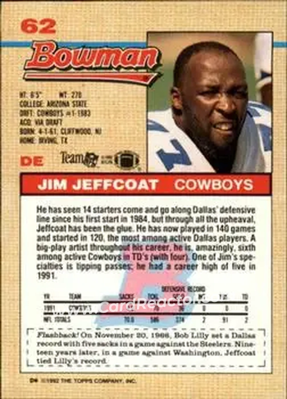 1992 Bowman #62 - Jim Jeffcoat - Dallas Cowboys - Back