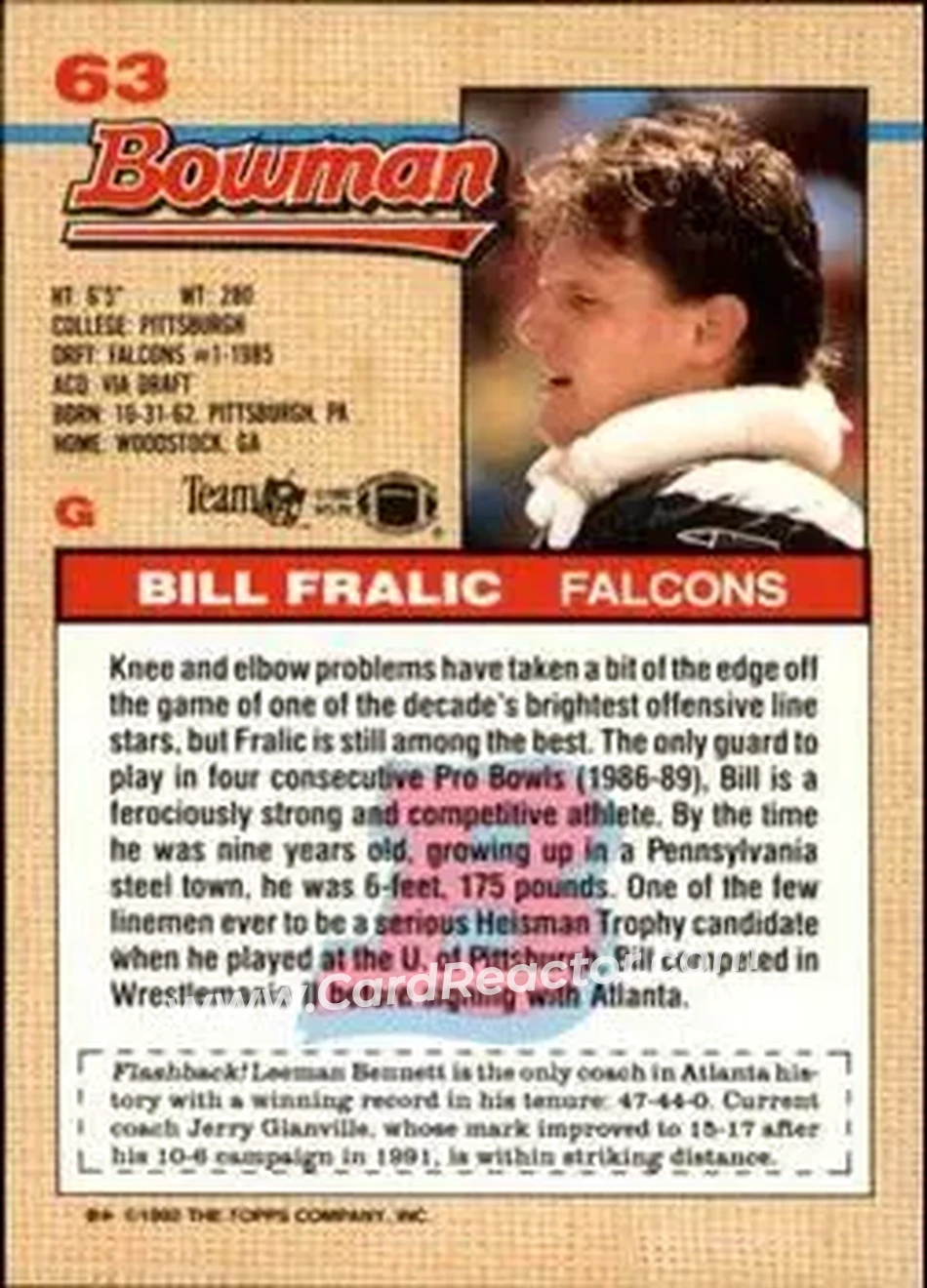1992 Bowman #63 - Bill Fralic - Atlanta Falcons - Back
