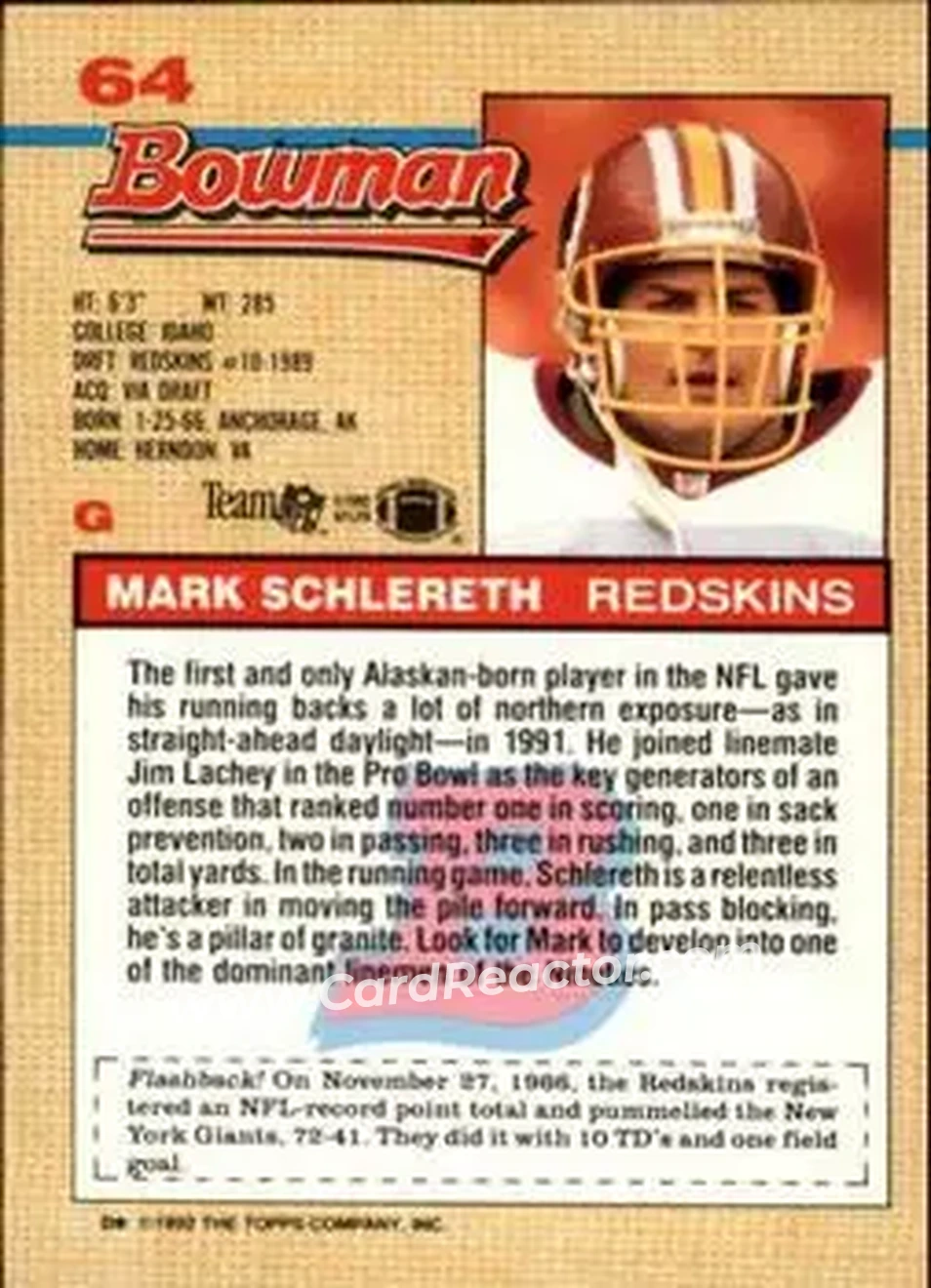 1992 Bowman #64 - Mark Schlereth - Washington Redskins - Back