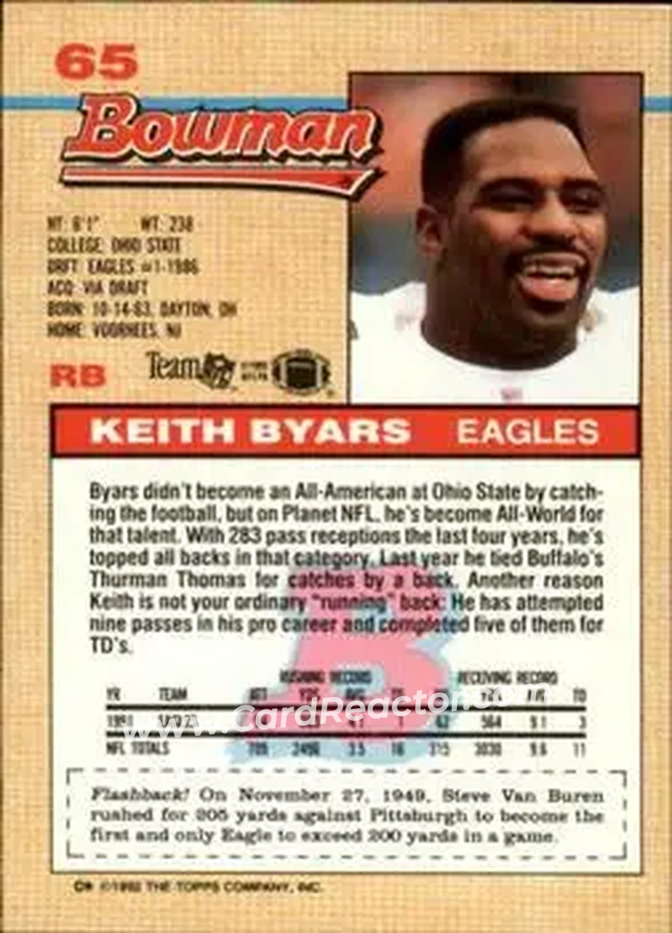1992 Bowman #65 - Keith Byars - Philadelphia Eagles - Back