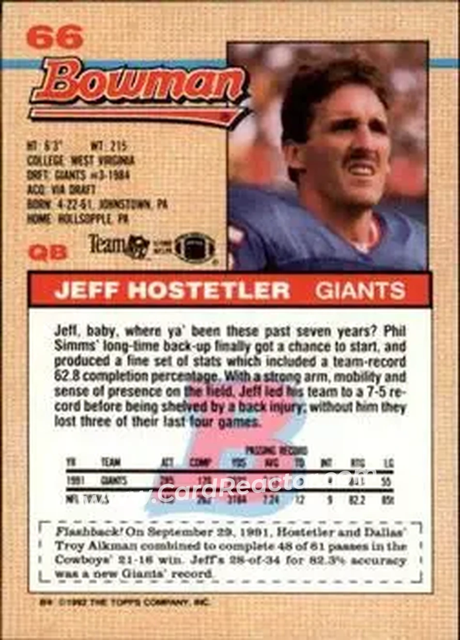 1992 Bowman #66 - Jeff Hostetler - New York Giants - Back