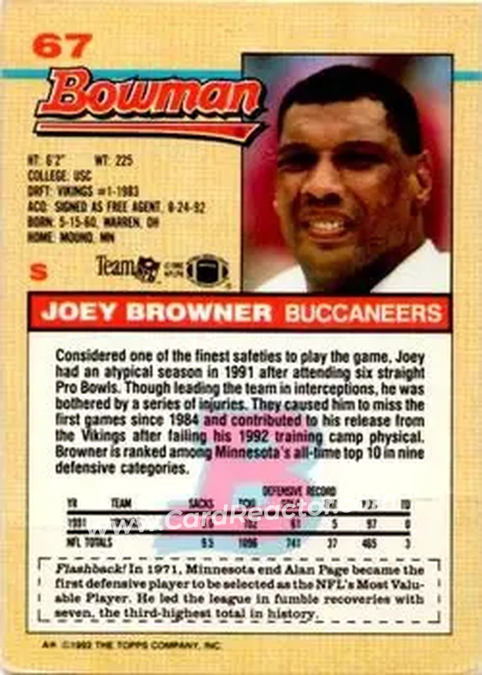 1992 Bowman #67 - Joey Browner - Tampa Bay Buccaneers - Back 1992 Bowman #67 - Joey Browner - Tampa Bay Buccaneers - Back