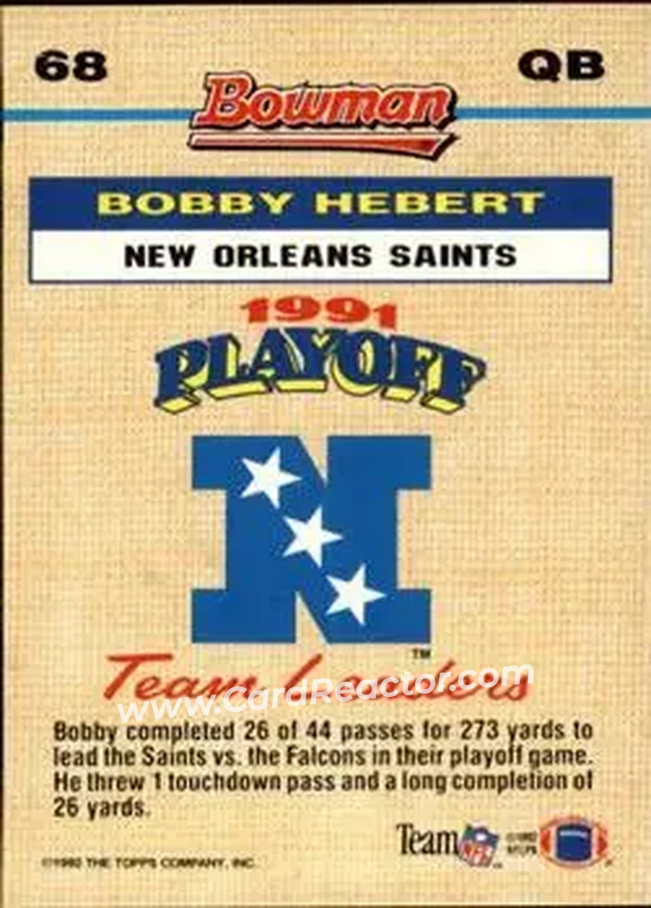 1992 Bowman #68 - Bobby Hebert - New Orleans Saints - Back