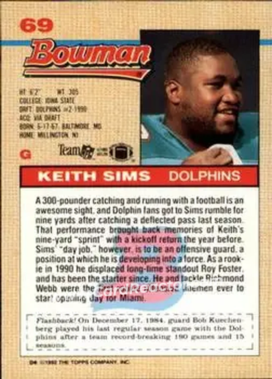 1992 Bowman #69 - Keith Sims - Miami Dolphins - Back