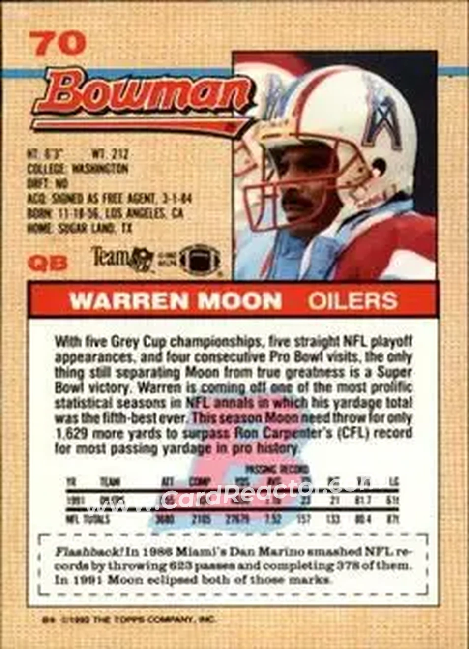 1992 Bowman #70 - Warren Moon - Houston Oilers - Back
