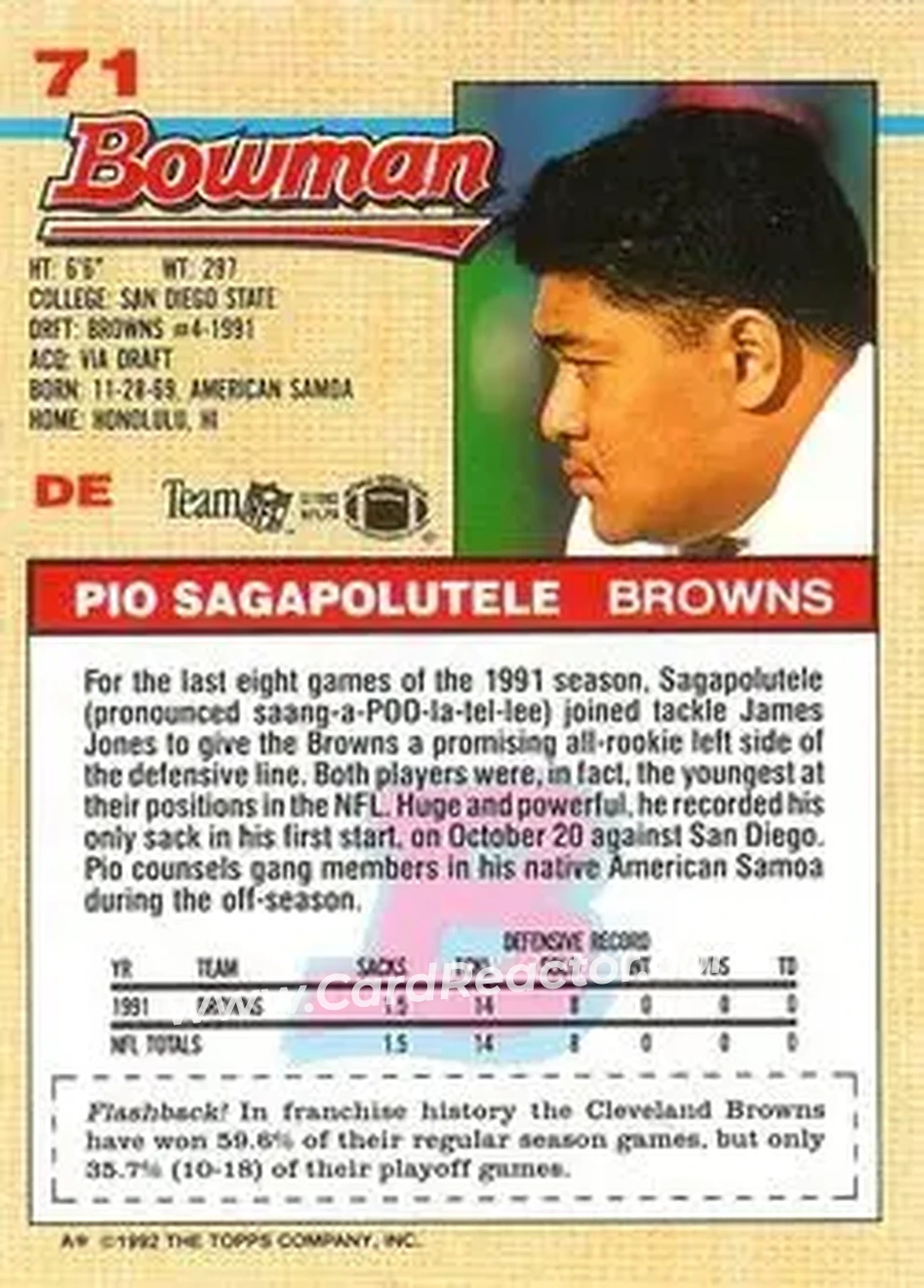 1992 Bowman #71 - Pio Sagapolutele - Cleveland Browns - Back