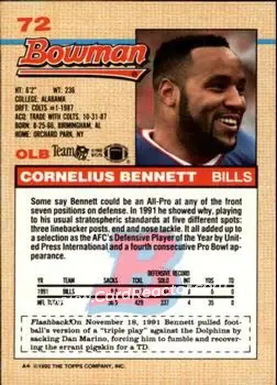1992 Bowman #72 - Cornelius Bennett - Buffalo Bills - Back