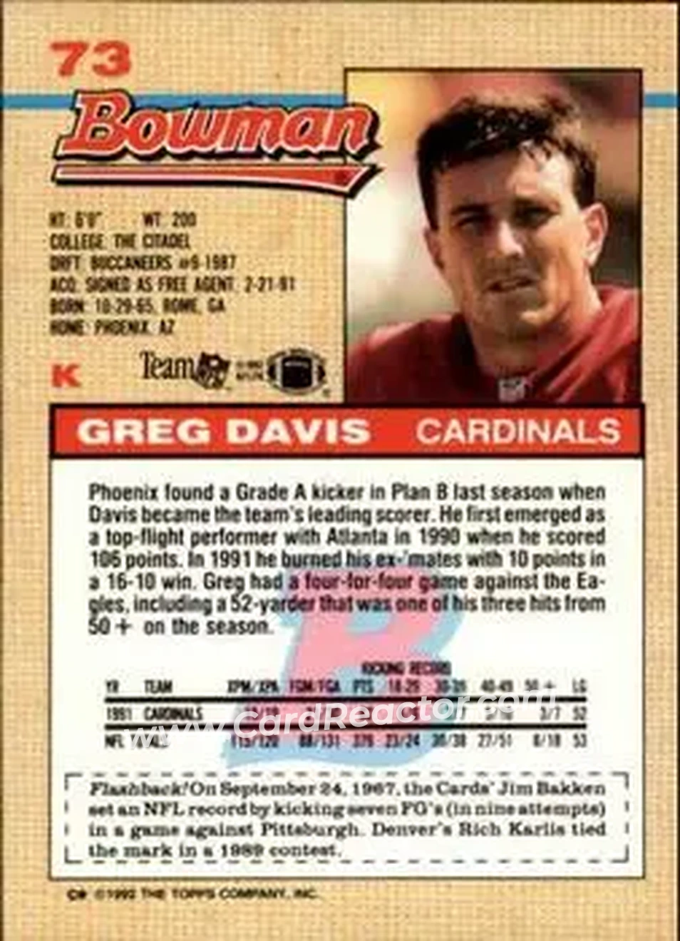 1992 Bowman #73 - Greg Davis - Phoenix Cardinals - Back