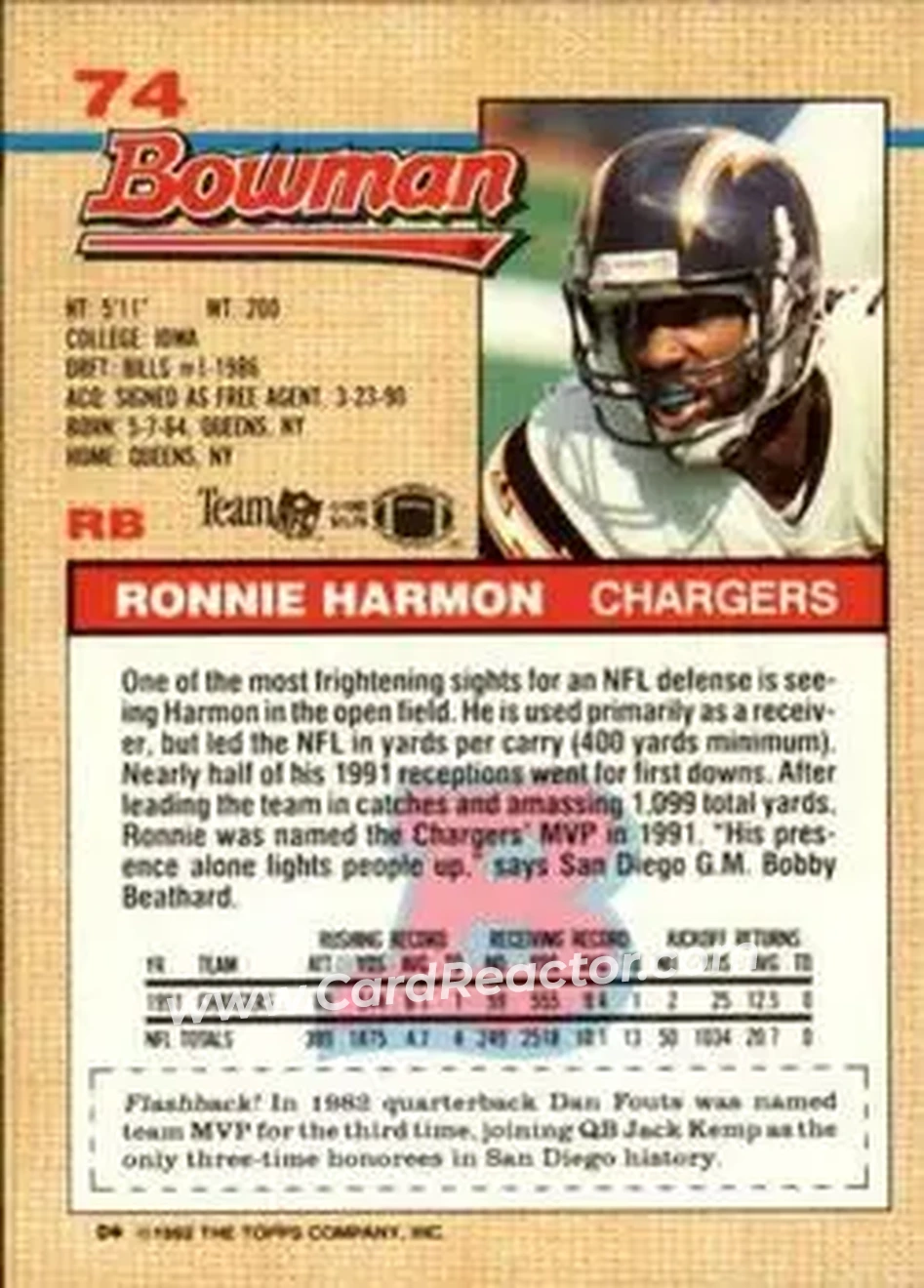1992 Bowman #74 - Ronnie Harmon - San Diego Chargers - Back