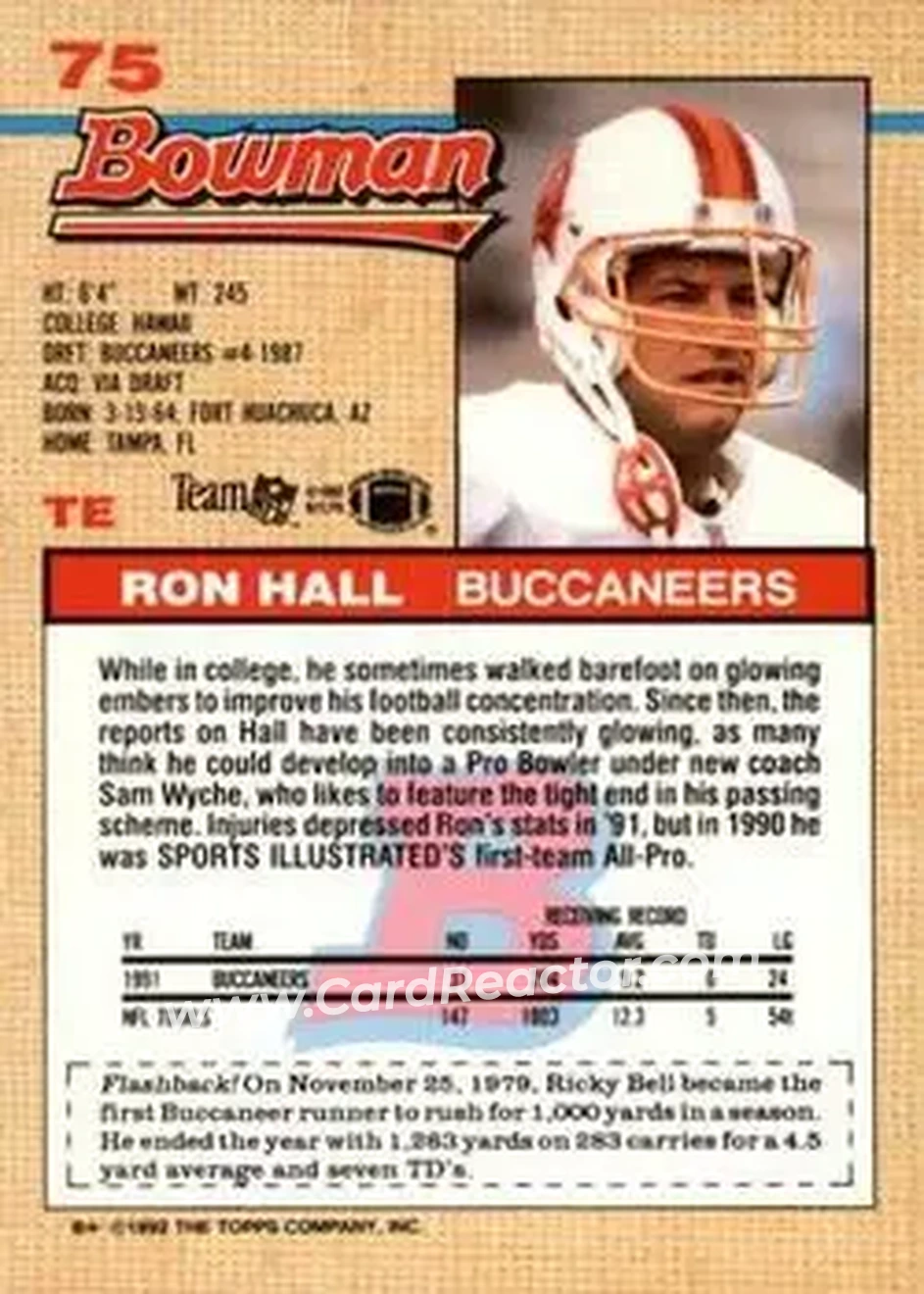 1992 Bowman #75 - Ron Hall - Tampa Bay Buccaneers - Back