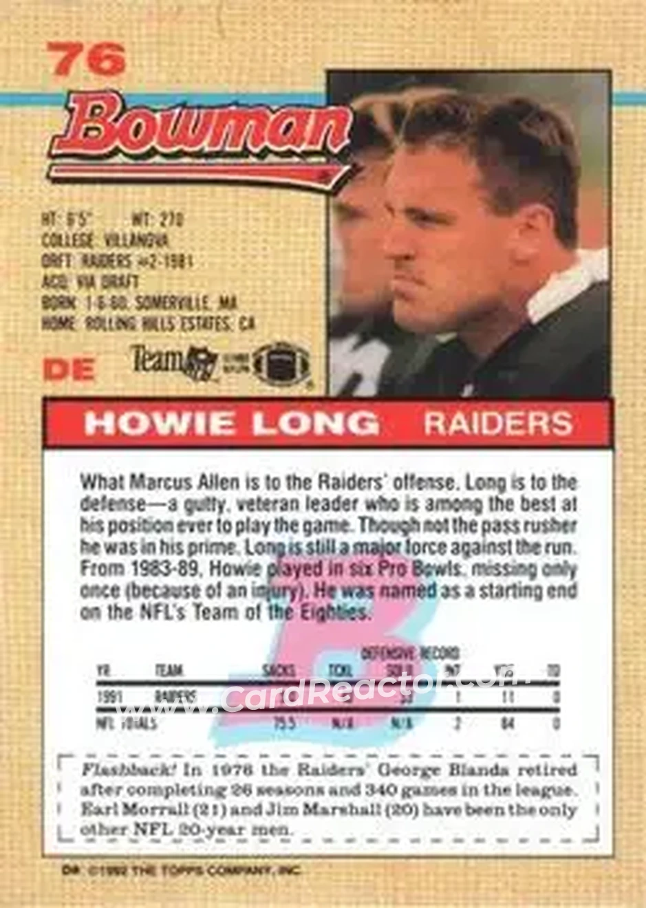 1992 Bowman #76 - Howie Long - Los Angeles Raiders - Back