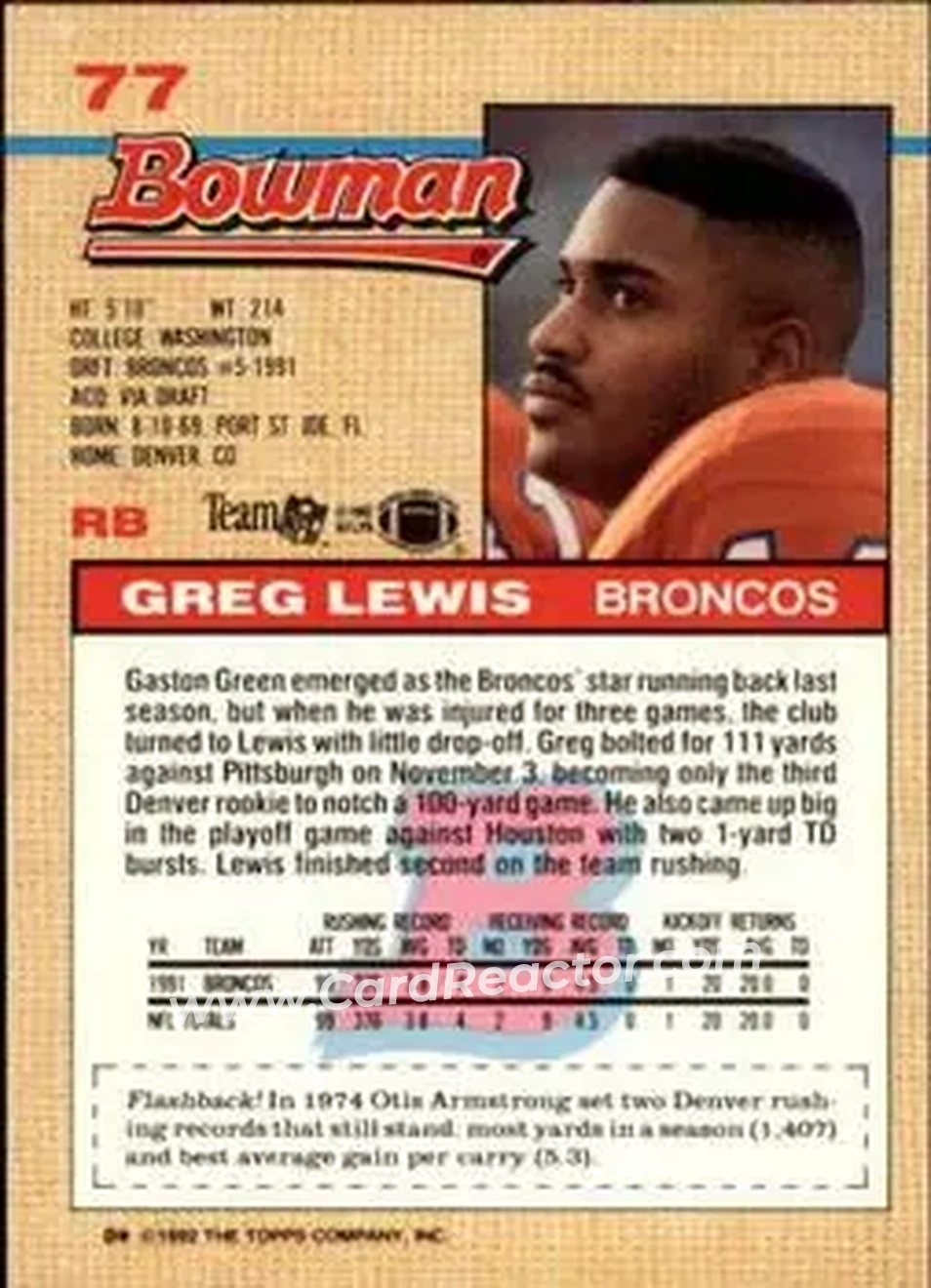 1992 Bowman #77 - Greg Lewis - Denver Broncos - Back