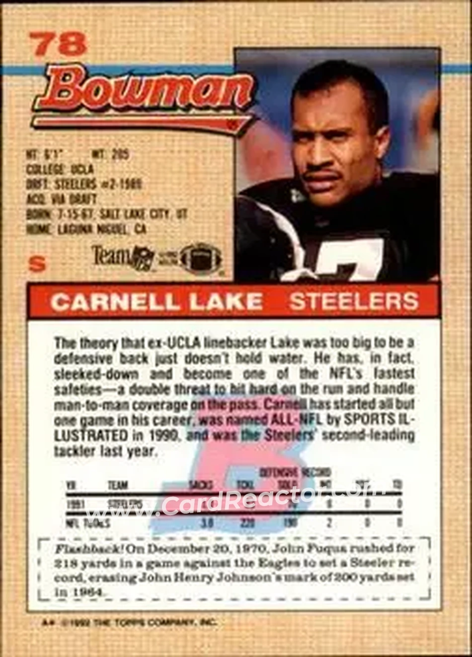 1992 Bowman #78 - Carnell Lake - Pittsburgh Steelers - Back
