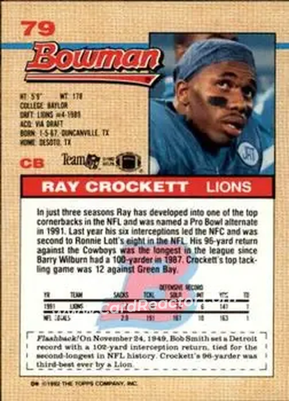 1992 Bowman #79 - Ray Crockett - Detroit Lions - Back