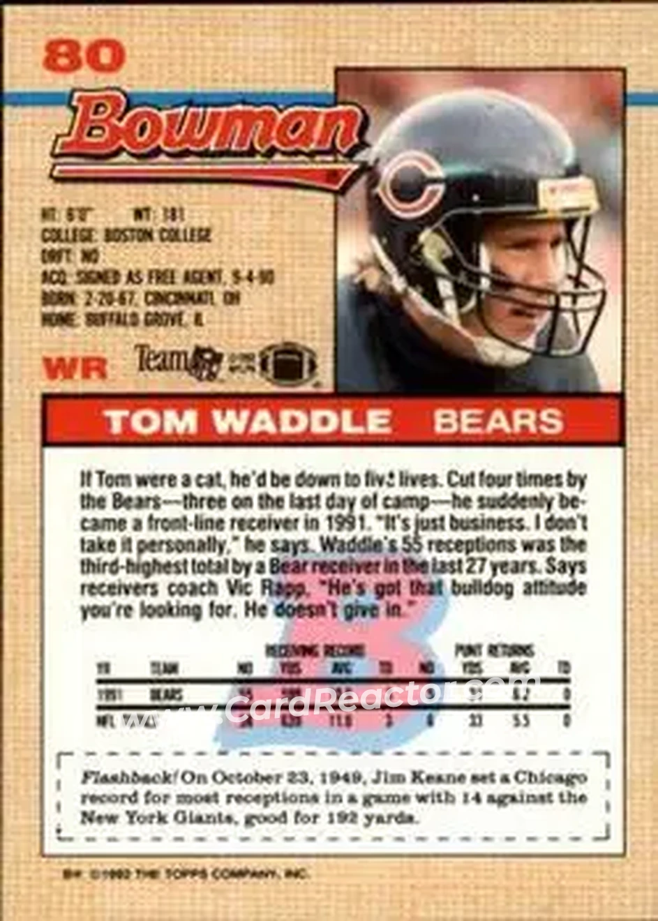 1992 Bowman #80 - Tom Waddle - Chicago Bears - Back