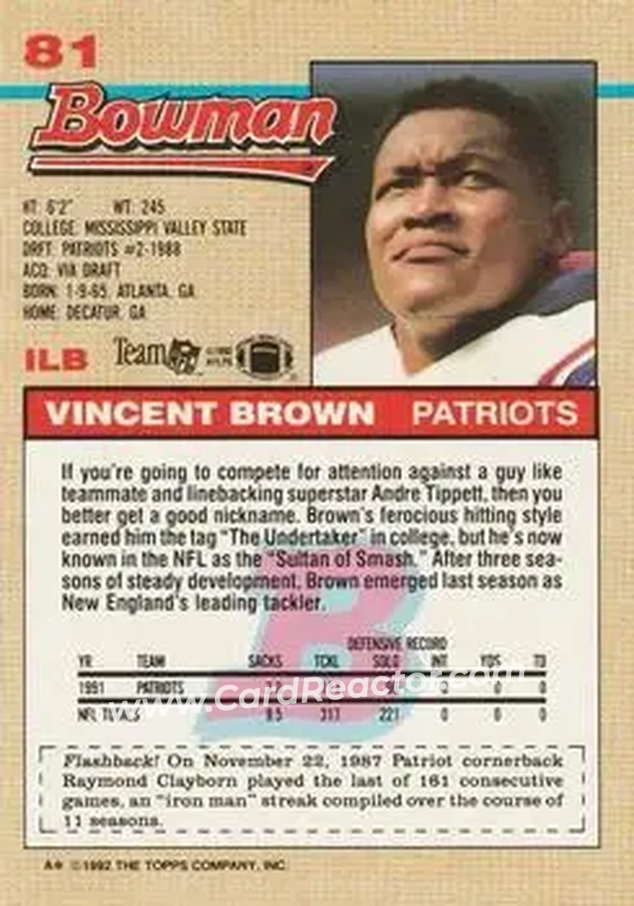 1992 Bowman #81 - Vincent Brown - New England Patriots - Back
