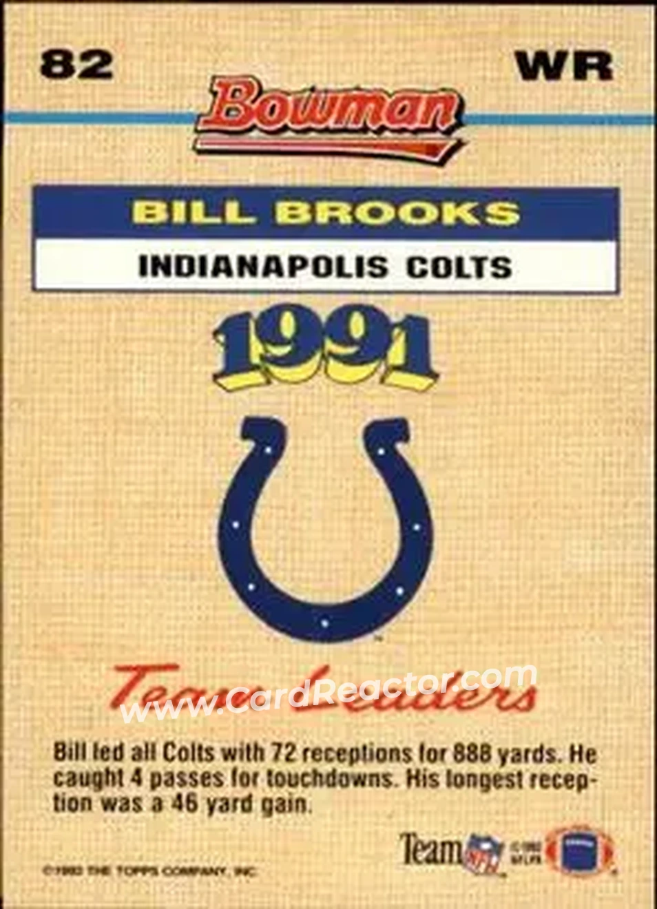 1992 Bowman #82 - Bill Brooks - Indianapolis Colts - Back