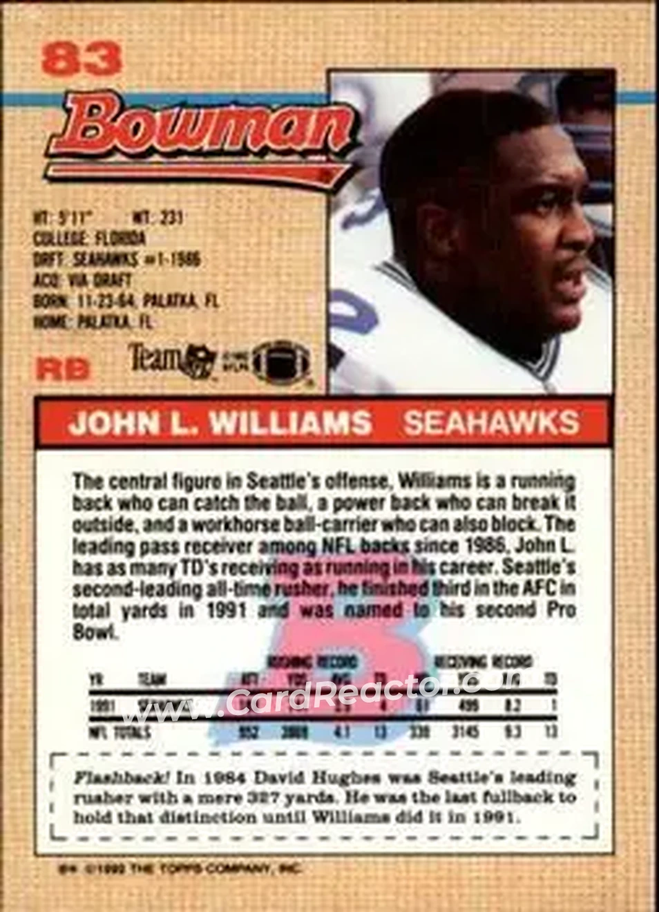 1992 Bowman #83 - John L. Williams - Seattle Seahawks - Back