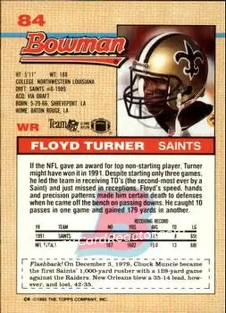 1992 Bowman #84 - Floyd Turner - New Orleans Saints - Back