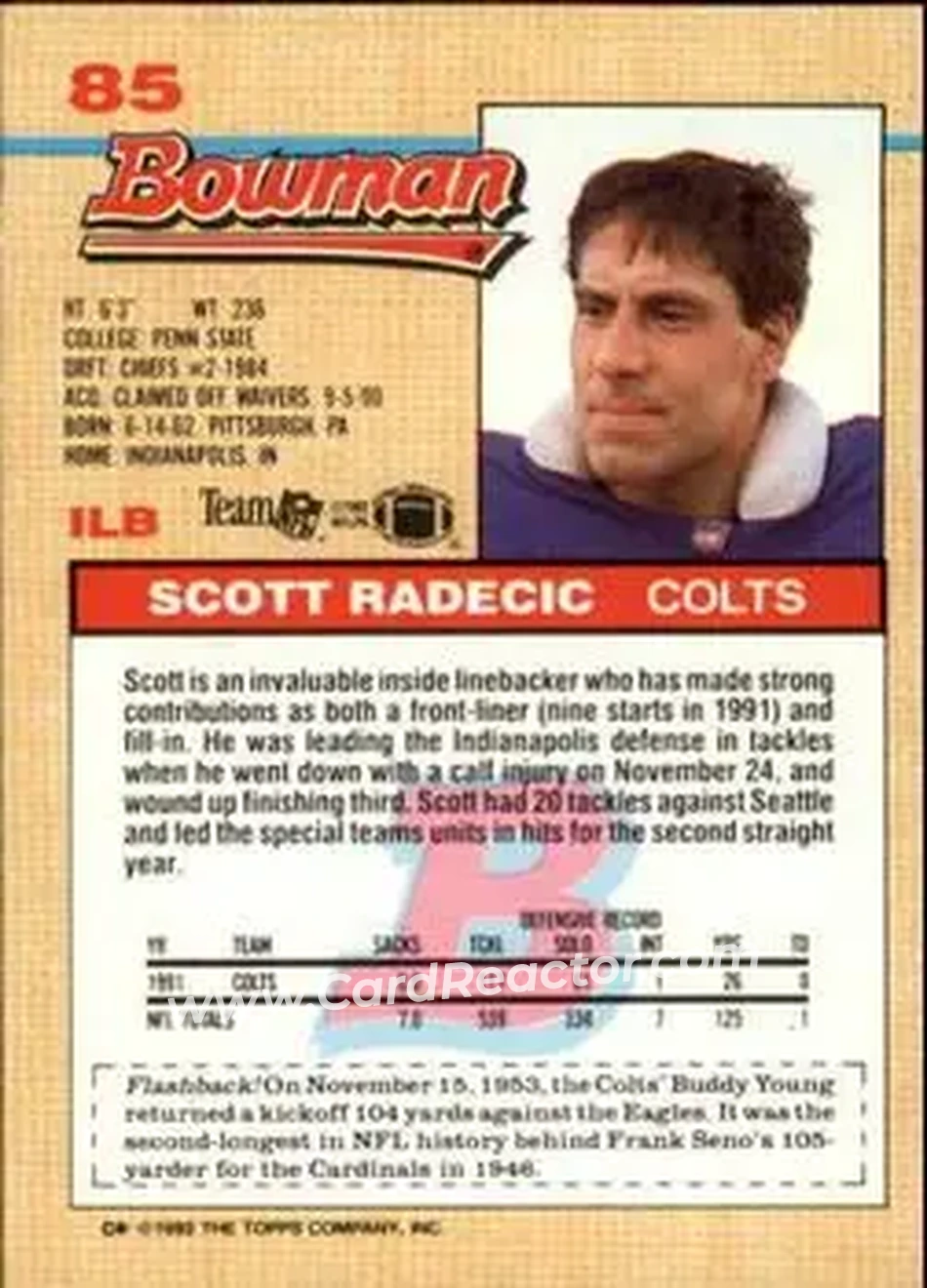1992 Bowman #85 - Scott Radecic - Indianapolis Colts - Back