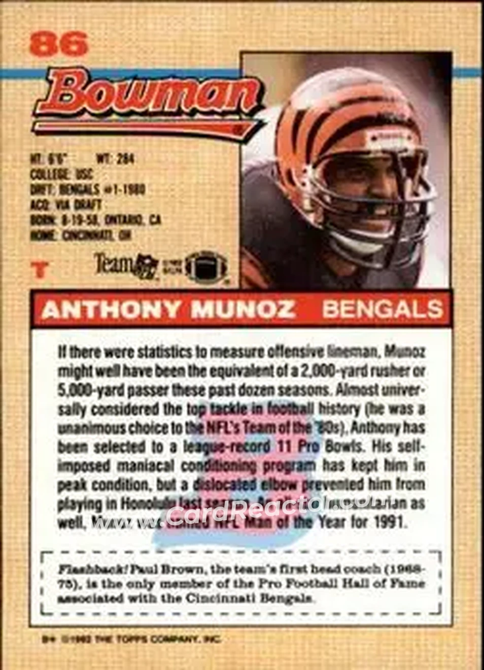1992 Bowman #86 - Anthony Munoz - Cincinnati Bengals - Back