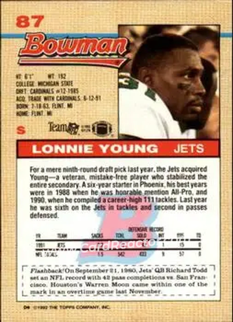 1992 Bowman #87 - Lonnie Young - New York Jets - Back