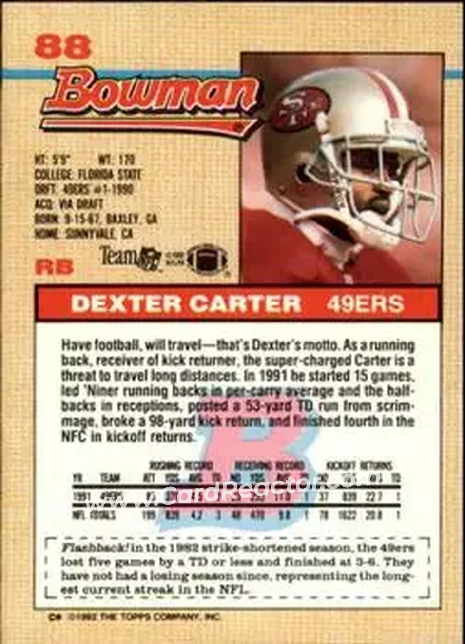 1992 Bowman #88 - Dexter Carter - San Francisco 49ers - Back