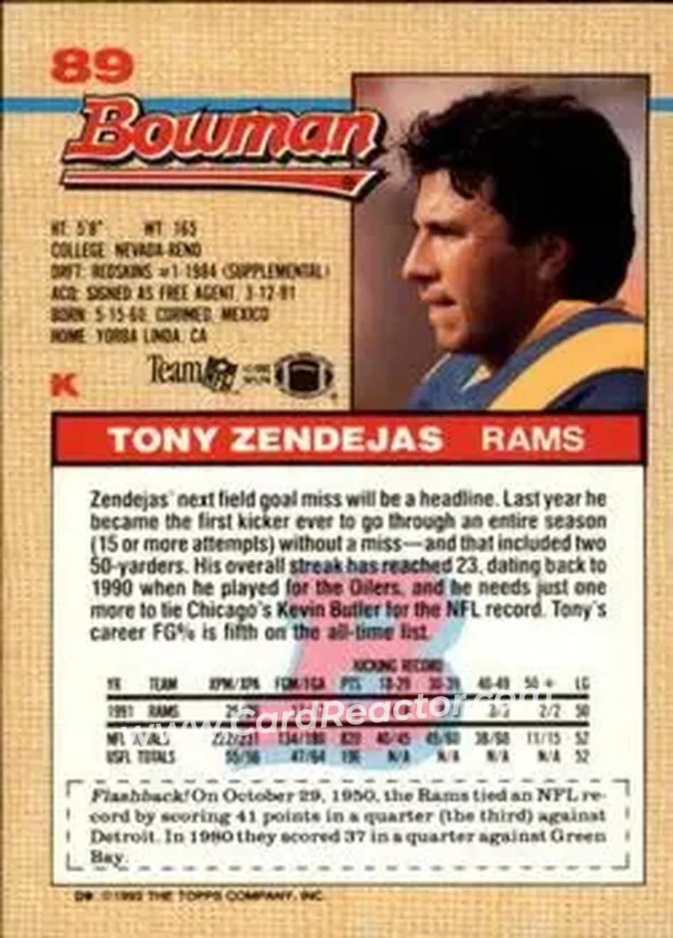 1992 Bowman #89 - Tony Zendejas - Los Angeles Rams - Back