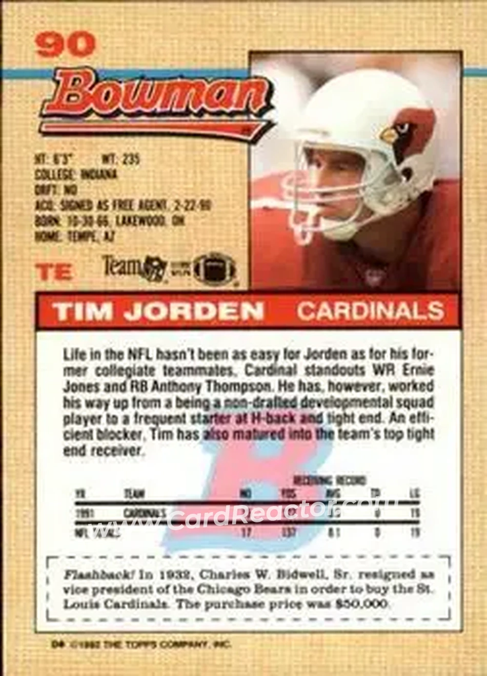 1992 Bowman #90 - Tim Jorden - Phoenix Cardinals - Back 1992 Bowman #90 - Tim Jorden - Phoenix Cardinals - Back