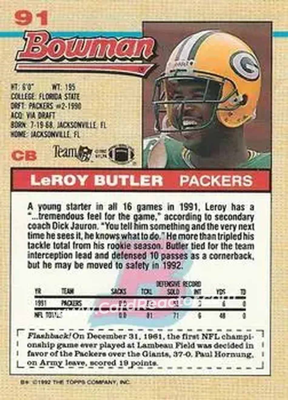 1992 Bowman #91 - LeRoy Butler - Green Bay Packers - Back 1992 Bowman #91 - LeRoy Butler - Green Bay Packers - Back