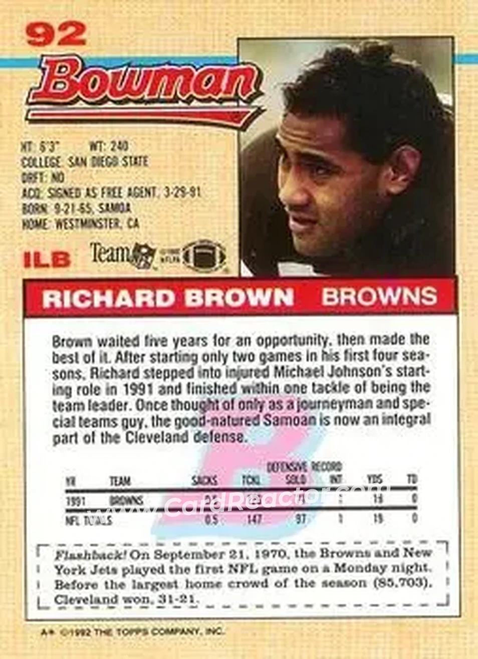 1992 Bowman #92 - Richard Brown - Cleveland Browns - Back