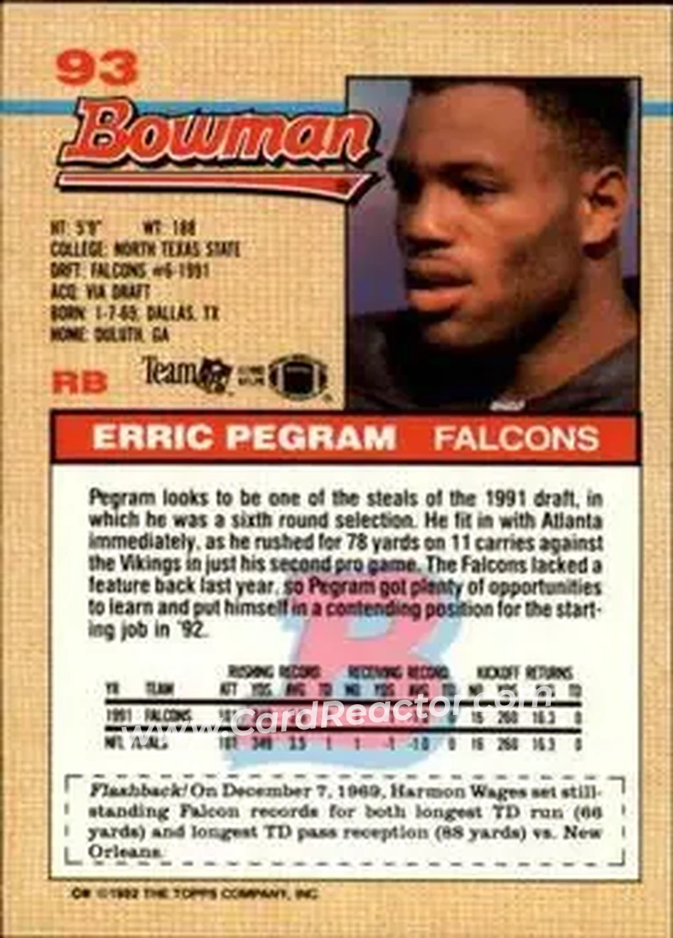 1992 Bowman #93 - Erric Pegram - Atlanta Falcons - Back