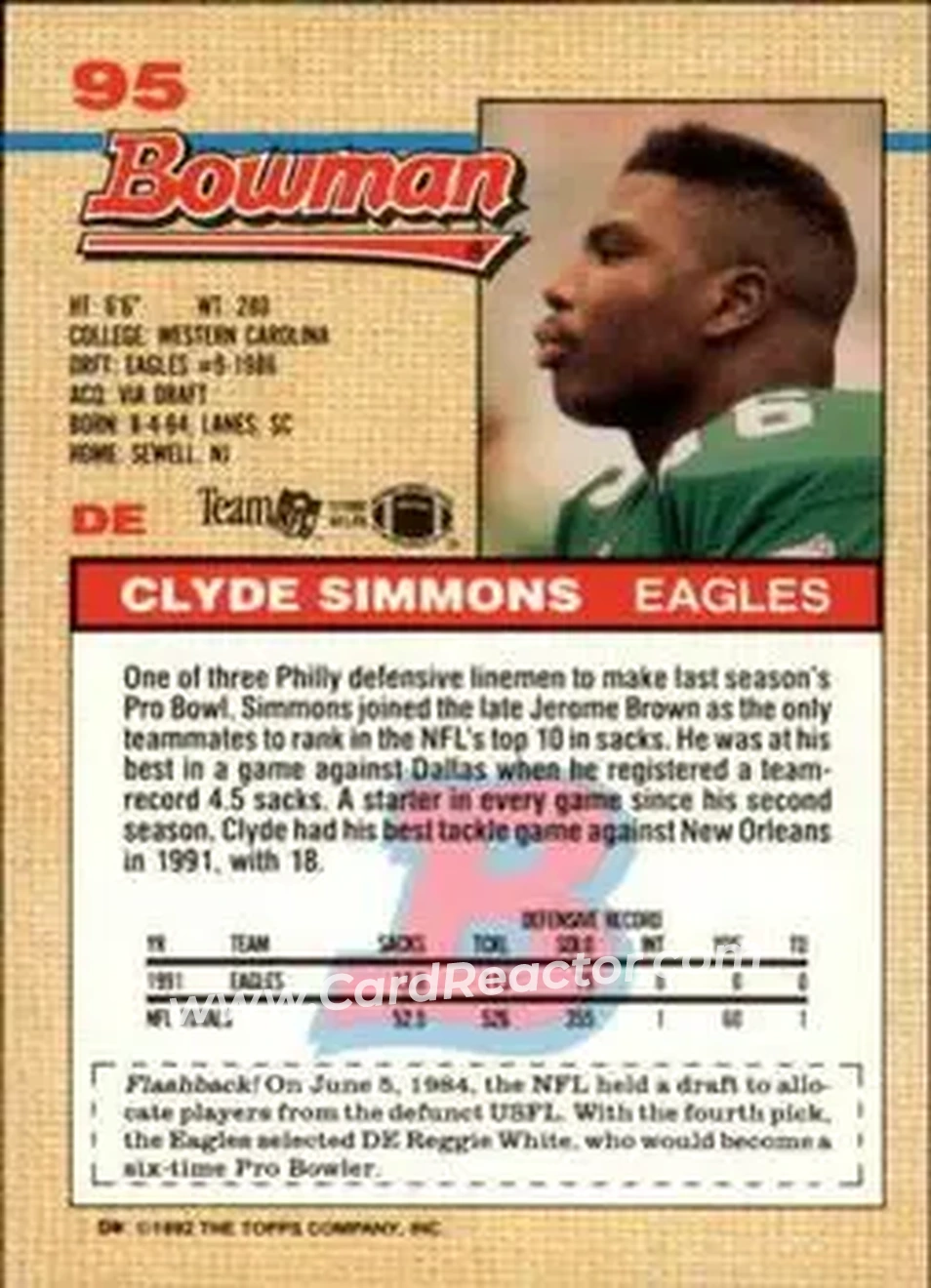 1992 Bowman #95 - Clyde Simmons - Philadelphia Eagles - Back