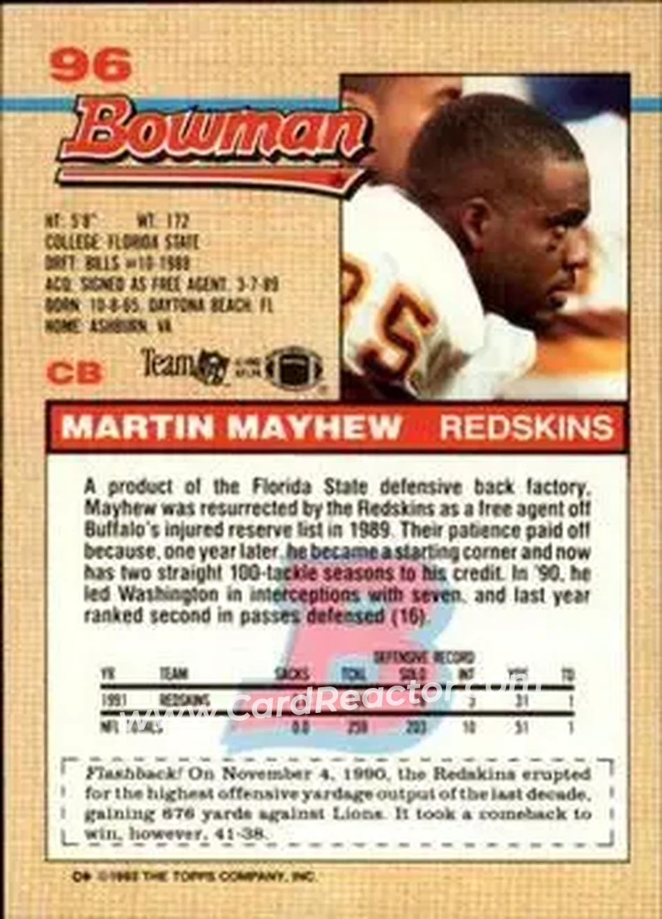 1992 Bowman #96 - Martin Mayhew - Washington Redskins - Back