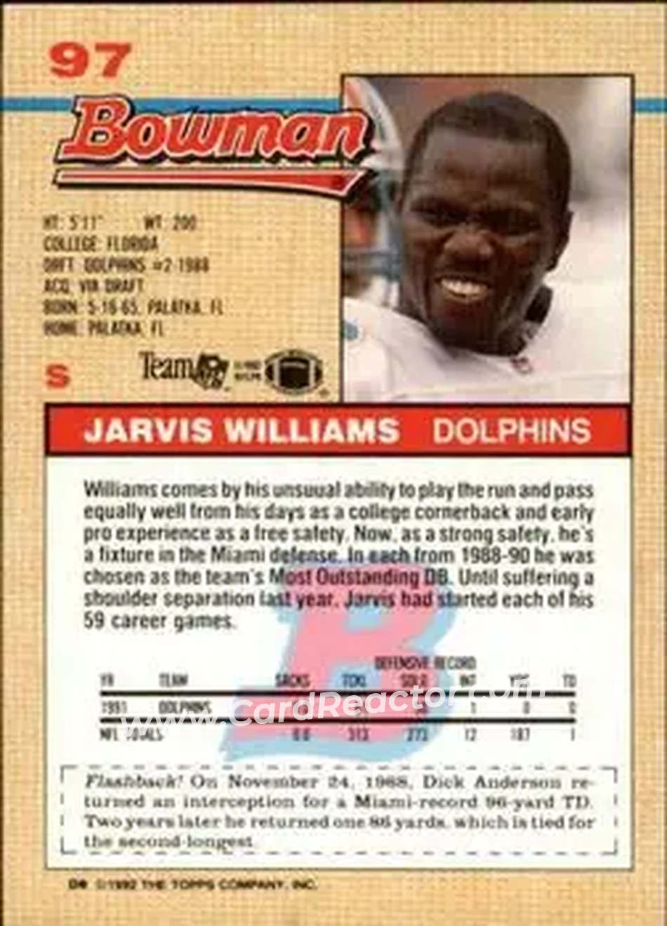 1992 Bowman #97 - Jarvis Williams - Miami Dolphins - Back 1992 Bowman #97 - Jarvis Williams - Miami Dolphins - Back