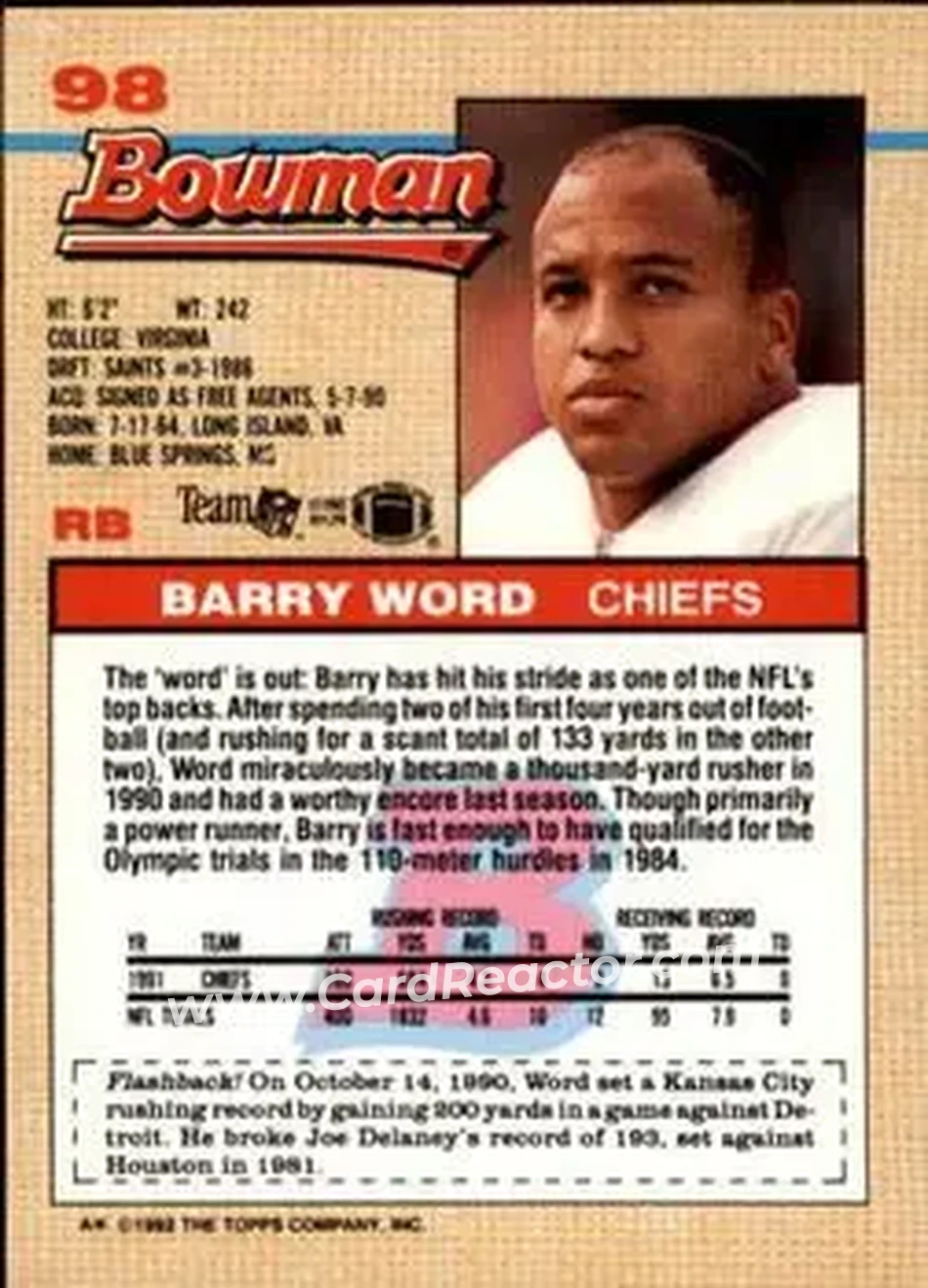 1992 Bowman #98 - Barry Word - Kansas City Chiefs - Back