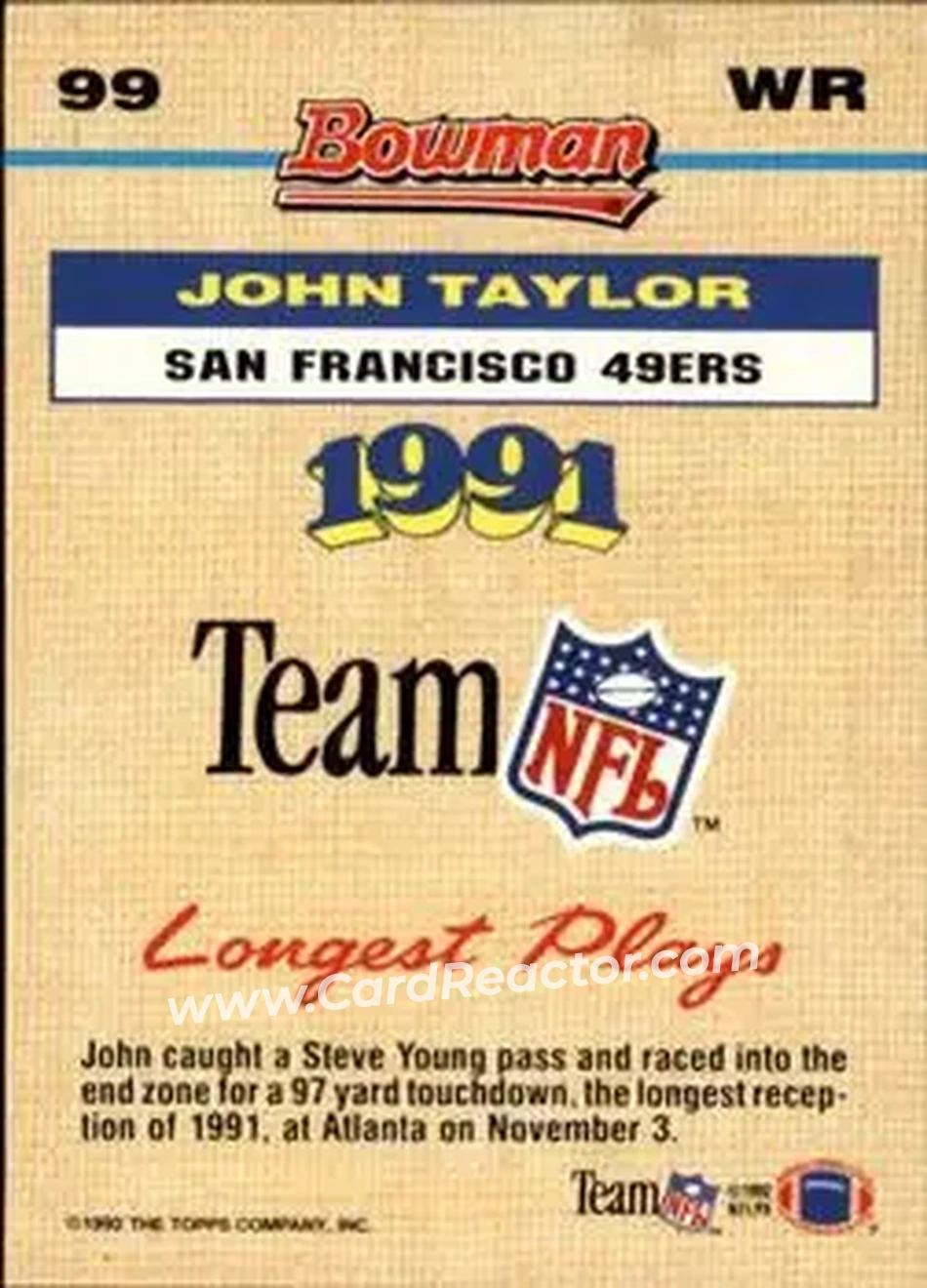 1992 Bowman #99 - John Taylor - San Francisco 49ers - Back