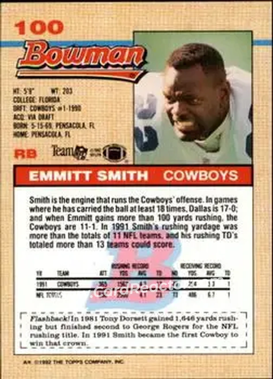 1992 Bowman #100 - Emmitt Smith - Dallas Cowboys - Back 1992 Bowman #100 - Emmitt Smith - Dallas Cowboys - Back